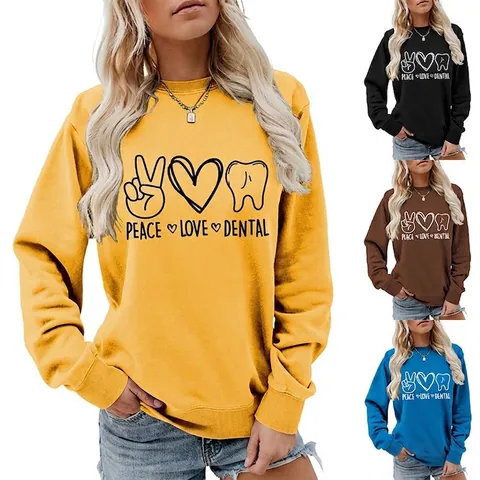 Women Round Neck Sweatshirt Cotton Long Sleeve Peace Love Dental Graphic Pullover Loose Fit Dentistry Theme