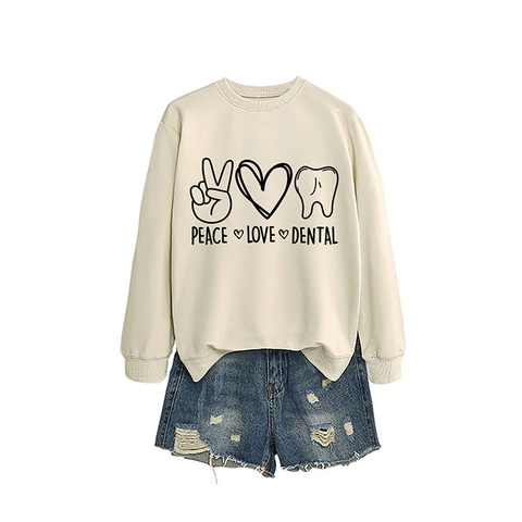 Women Round Neck Sweatshirt Cotton Long Sleeve Peace Love Dental Graphic Pullover Loose Fit Dentistry Theme
