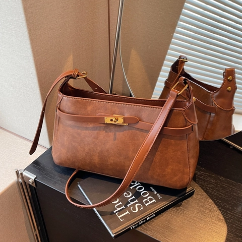 Vintage PU Leer Schoudertas Voor Vrouwen Retro Minimalisme Grote Capaciteit Woon-werkverkeer Crossbodytas Met Metalen Slot