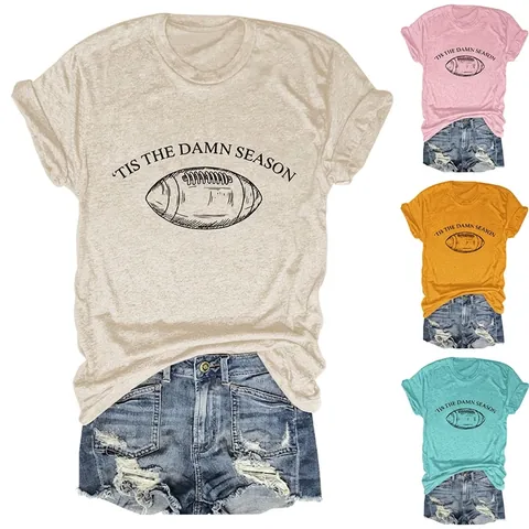 Women T-Shirt Football Graphic Letter Print Cotton Blend Round Neck Short Sleeve Casual Loose Sporty Summer Tops
