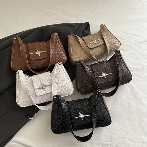 Damen Schicke PU Gewebte Unterarmtasche Retro Minimalistische Schultertasche Mit Silberner Stern Schnalle Einfarbig Mode Tasche