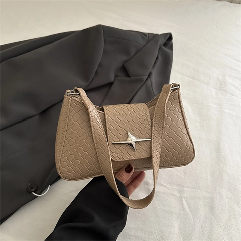 Damen Schicke PU Gewebte Unterarmtasche Retro Minimalistische Schultertasche Mit Silberner Stern Schnalle Einfarbig Mode Tasche