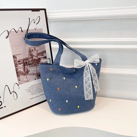 Denim Tote Bag For Women Large Capacity Shoulder Bag With Tulip Embroidery And White Lace Bow Korean Style Sweet Handbag
