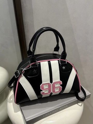 Bolso Bowling Deportivo Retro De Cuero PU Para Mujer Color Contraste Parche Número 96 Remaches Estrella Bolso De Mano