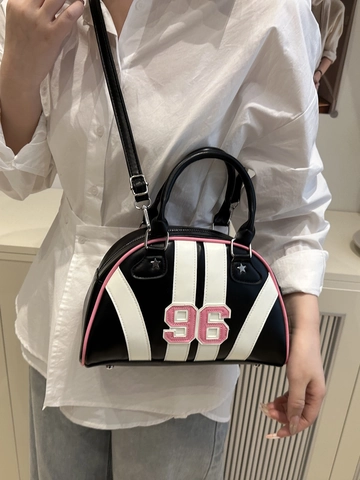 Bolso Bowling Deportivo Retro De Cuero PU Para Mujer Color Contraste Parche Número 96 Remaches Estrella Bolso De Mano