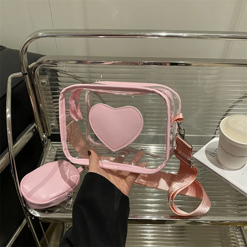 Borsa a Tracolla Trasparente in PVC da Donna con Motivo a Cuore e Tracolla Larga Regolabile Mini Borsellino Rotondo