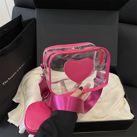 Borsa a Spalla Trasparente in PVC da Donna Elegante Con Patch a Cuore Tracolla Larga e Piccolo Portamonete Rotondo Borsa a Tracolla Estiva