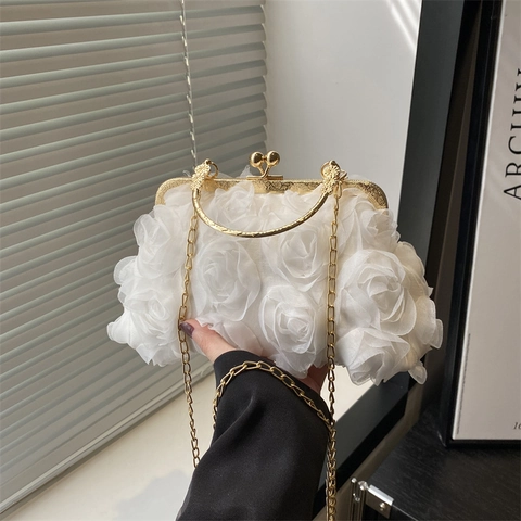 Fabric Rose Flower Evening Bag Elegant Wedding Bridal Clutch Metal Carved Handle Detachable Chain Romantic Vintage