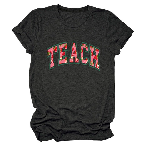 Maglietta Da Donna Girocollo Manica Corta Stampa Lettere Fragola Teach Misto Cotone Casual Estivo Varsity Top