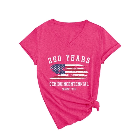 Women V-Neck T-Shirt Semiquincentennial 250 Years American Flag Print Vintage Cotton Blend Short Sleeve Tee