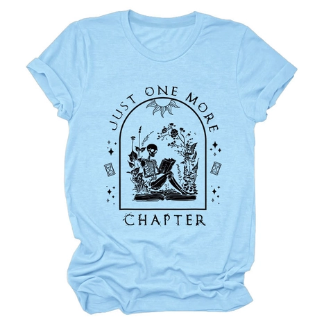 T-Shirt Just One More Chapter Scheletro Che Legge Libro Misto Cotone Girocollo Maniche Corte Gotico Retrò Top Da Donna