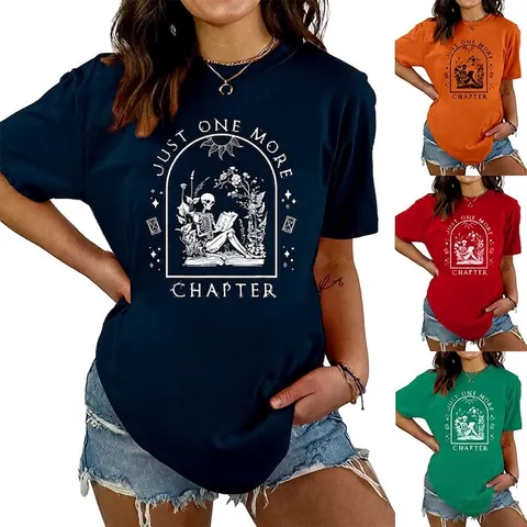T-Shirt Just One More Chapter Scheletro Che Legge Libro Misto Cotone Girocollo Maniche Corte Gotico Retrò Top Da Donna