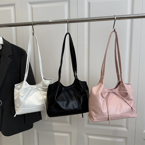 Korean Style Sweet Bowknot Tote Bag For Women PU Leather Minimalist Shoulder Bag Solid Color Fashion Handbag Daily Commute Bag