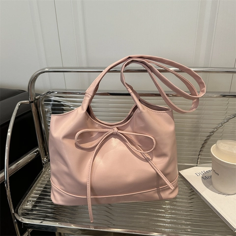 Korean Style Sweet Bowknot Tote Bag For Women PU Leather Minimalist Shoulder Bag Solid Color Fashion Handbag Daily Commute Bag