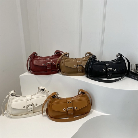 Women Glossy PU Leather Underarm Bag Retro Y2K Cool Style Belt Buckle Shoulder Bag With Metal Grommets Vintage Purse