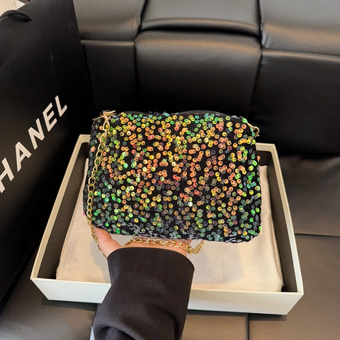 Borsa Quadrata Piccola in PU con Paillettes Iridescenti per Donna con Tracolla a Catena in Metallo Dorato Borsa a Tracolla Casual per Festa