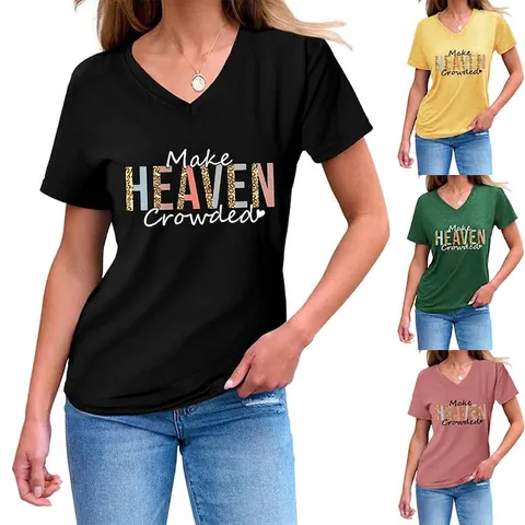 T-Shirt Da Donna Con Scollo A V Manica Corta Stampa Lettere Make HEAVEN Crowded Nodo Laterale Top Casual