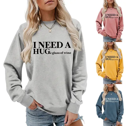 Damen Rundhals Sweatshirt Baumwollmischung Langarm Locker Lustiger Wein Grafik Slogan Pullover Lässig Oberteil