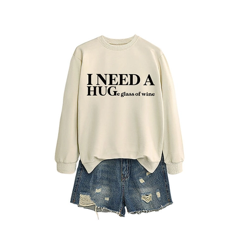 Damen Rundhals Sweatshirt Baumwollmischung Langarm Locker Lustiger Wein Grafik Slogan Pullover Lässig Oberteil