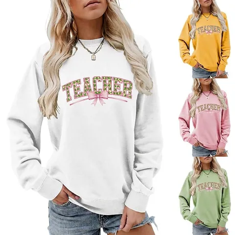 Felpa In Cotone Donna Manica Lunga Girocollo Pullover Insegnante Trifoglio Fiocco Rosa Casual