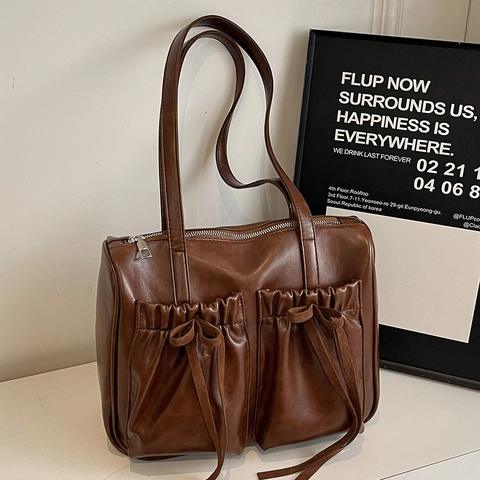 Sac À Épaule Sous L'Aisselle Pour Femme Vintage En Cuir PU Poches Plissées Ruban À Nœud Grande Capacité Style Français Minimaliste