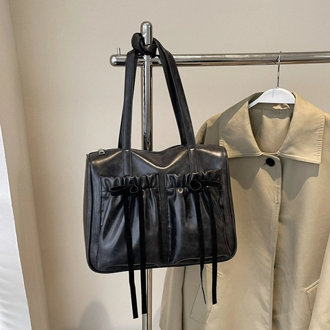 Sac À Épaule Sous L'Aisselle Pour Femme Vintage En Cuir PU Poches Plissées Ruban À Nœud Grande Capacité Style Français Minimaliste