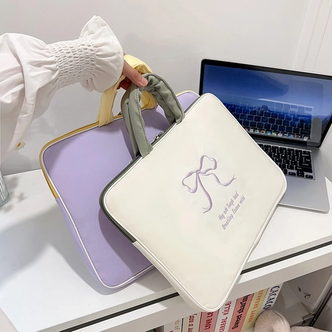 Sacoche Pour Ordinateur Portable Style Coréen Broderie Nœud Nylon Housse Antichoc Portable Pour Étudiants Femmes
