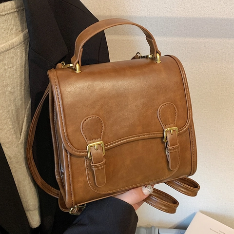 Vintage PU Leather Backpack For Women Retro College Style Small Shoulder Bag With Buckle Strap Handbag For Daily School