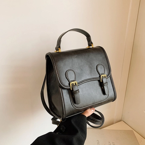 Vintage PU Leather Backpack For Women Retro College Style Small Shoulder Bag With Buckle Strap Handbag For Daily School