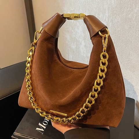 Vintage Suede Hobo Bag For Women Gold Chunky Chain Crescent Underarm Shoulder Bag Faux Suede Crossbody Bag Zipper Handbag