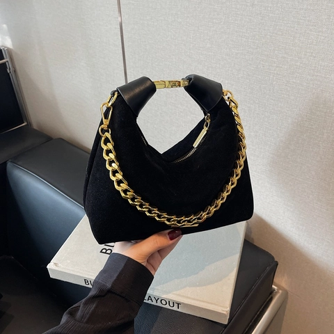 Vintage Suede Hobo Bag For Women Gold Chunky Chain Crescent Underarm Shoulder Bag Faux Suede Crossbody Bag Zipper Handbag