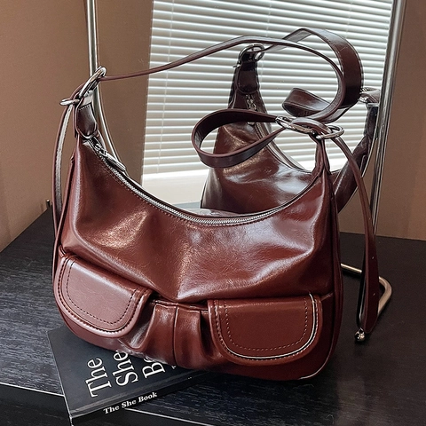 Sac à Épaule en Cuir Verni Vintage pour Femmes Grande Capacité Double Poche Sac Sous le Bras Rétro en Cuir PU Hobo