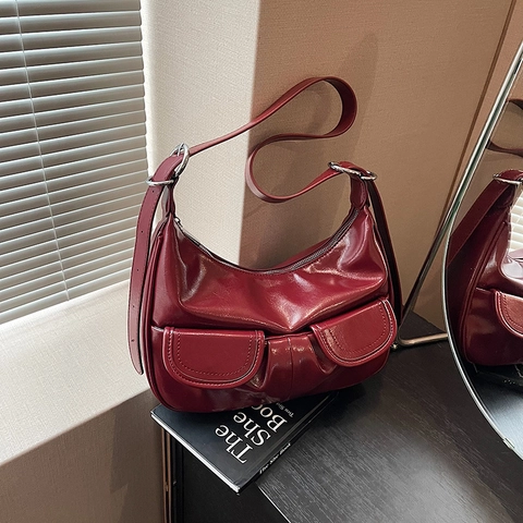 Sac à Épaule en Cuir Verni Vintage pour Femmes Grande Capacité Double Poche Sac Sous le Bras Rétro en Cuir PU Hobo