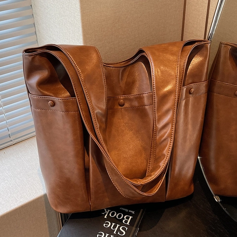 Dames Vintage PU-Lederen Tote Tas Grote Capaciteit Casual Schoudertas Met Meerdere Buitenzakken Dagelijkse Boodschappentas