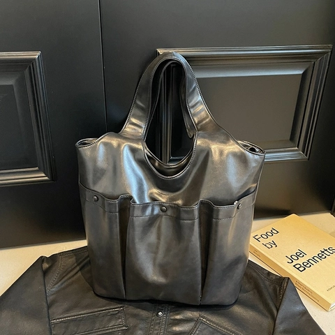 Dames Vintage PU-Lederen Tote Tas Grote Capaciteit Casual Schoudertas Met Meerdere Buitenzakken Dagelijkse Boodschappentas