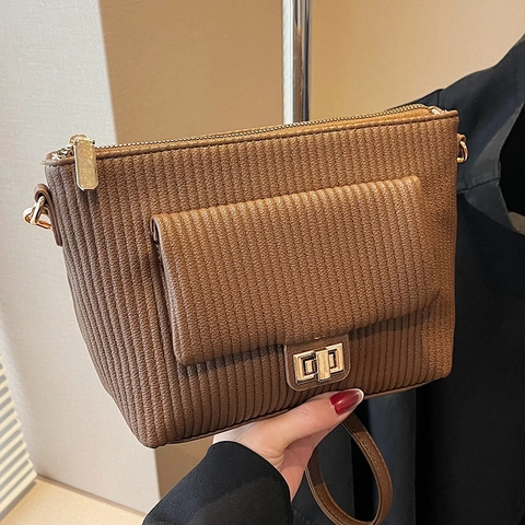 Bolso de Hombro de Cuero PU Plisado para Mujer Bolso Bandolera Retro de Color Sólido Con Cierre de Metal Elegante