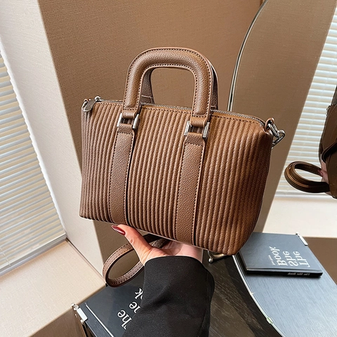Borsa A Mano Donna Pelle PU Pieghe Verticali Borsa A Tracolla Con Cinturino Rimovibile Per Moda Casual