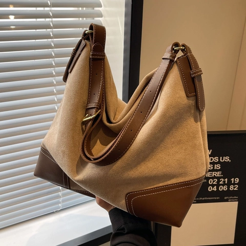 Borsa Hobo Di Grande Capacità In Finta Pelle Scamosciata Da Donna Tote Minimalista Retrò Con Cuciture A Contrasto E Tracolla Regolabile