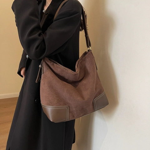 Borsa Hobo Di Grande Capacità In Finta Pelle Scamosciata Da Donna Tote Minimalista Retrò Con Cuciture A Contrasto E Tracolla Regolabile