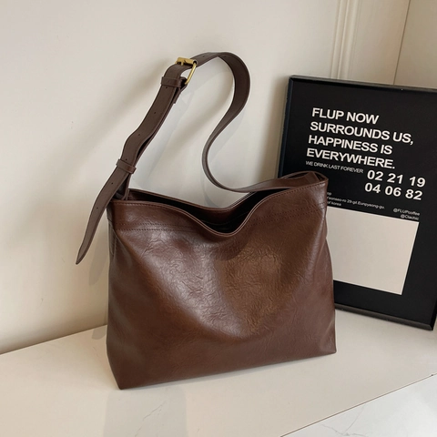 Women Large Capacity PU Leather Hobo Shoulder Bag Vintage Minimalist Tote Bag With Adjustable Wide Strap For Daily Office
