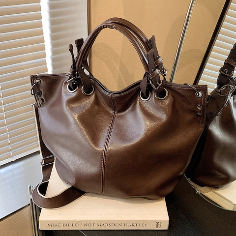Grande Borsa Tote In Pelle PU Retro Borsa A Spalla Tracolla Larga Regolabile Minimalista Per Donne