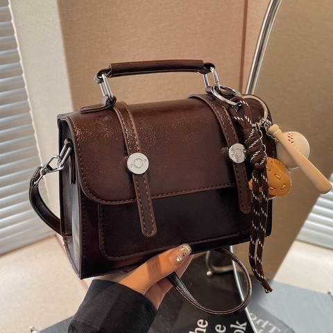 Vintage PU Leather Small Square Cambridge Handbag Crossbody With Baseball Charm Shoulder Bag For Women