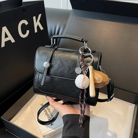 Vintage PU Leather Small Square Cambridge Handbag Crossbody With Baseball Charm Shoulder Bag For Women