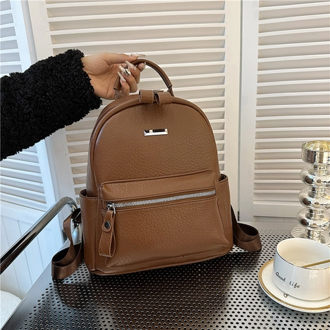 Women Fashion PU Leather Backpack Lychee Texture School Bag Silver Hardware Casual Travel Rucksack Ladies Daypack