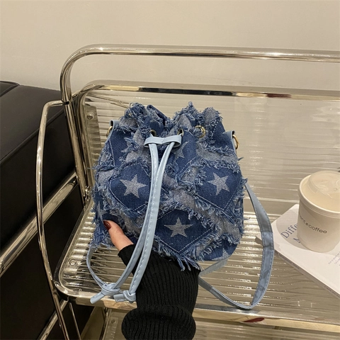 Denim Bucket Bag Star Printed Checkered Frayed Edge Drawstring Shoulder Crossbody Retro Casual For Women