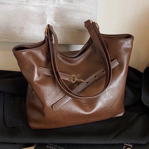 Große Kapazität PU Leder Tote Bag Für Damen Vintage Unterarm Umhängetasche Pendler Bürotasche Mit Dekorativem Goldverschluss