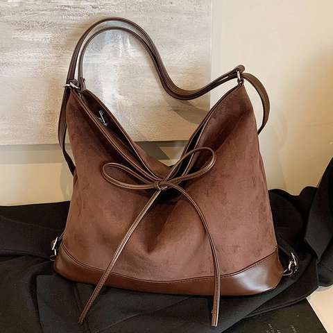 Women Large Capacity Shoulder Tote Bag Vintage Faux Suede PU Leather Multi-functional Bag With Bow Decoration Commuter Handbag