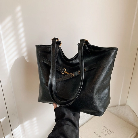 Große Kapazität PU Leder Tote Bag Für Damen Vintage Unterarm Umhängetasche Pendler Bürotasche Mit Dekorativem Goldverschluss