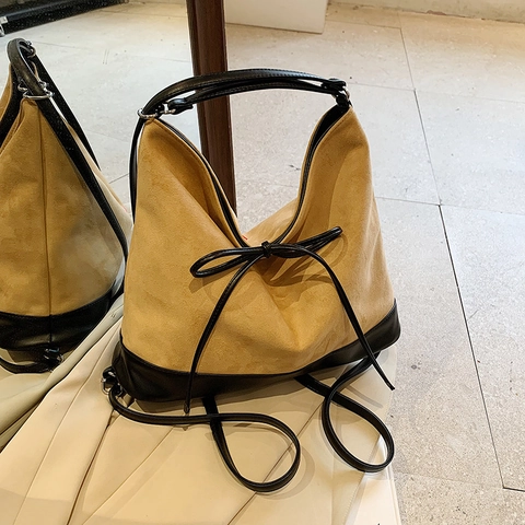 Women Large Capacity Shoulder Tote Bag Vintage Faux Suede PU Leather Multi-functional Bag With Bow Decoration Commuter Handbag