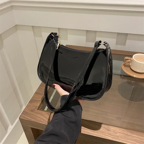 Women Glossy PU Leather Underarm Bag Fashion Solid Color Crescent Hobo Shoulder Bag Vintage Minimalist Daily Handbag